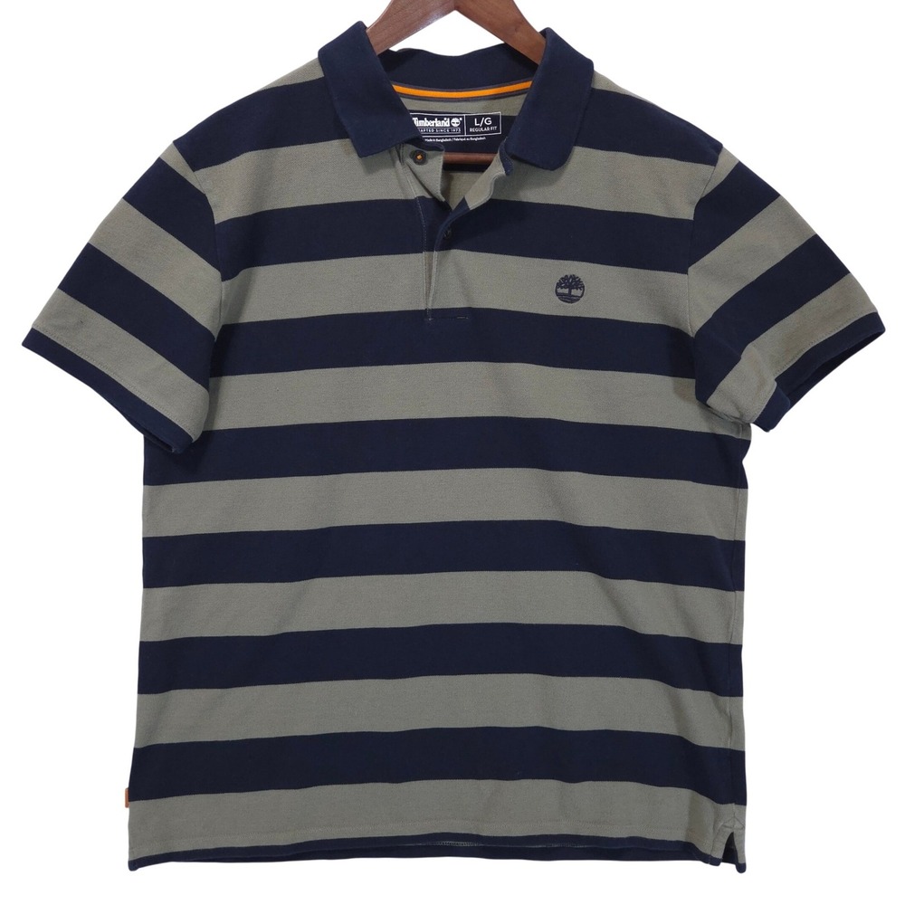 Timberland Regular Fit Striped Polo Shirt Men L Navy Olive Pique Gorpcore Preppy